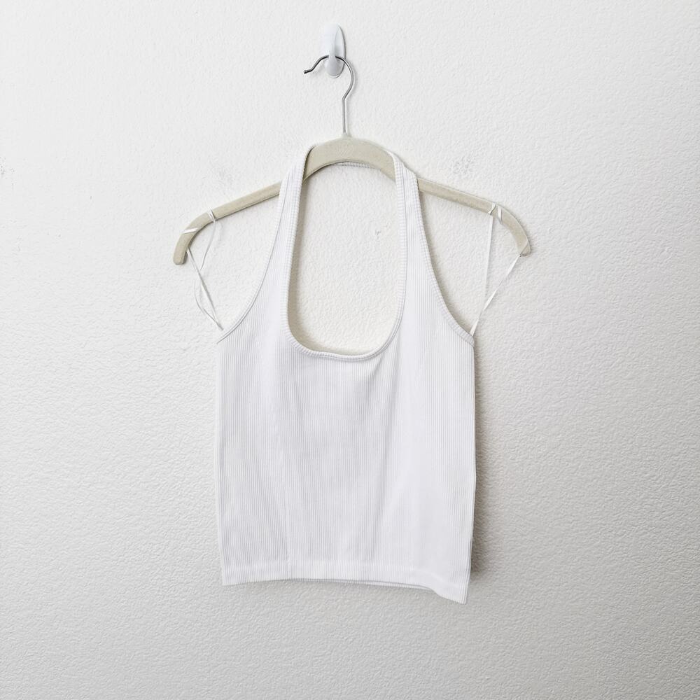 [American Eagle] White Ribbed Cropped Scoop Neck Halter Tank Top Summer Sz L/XL